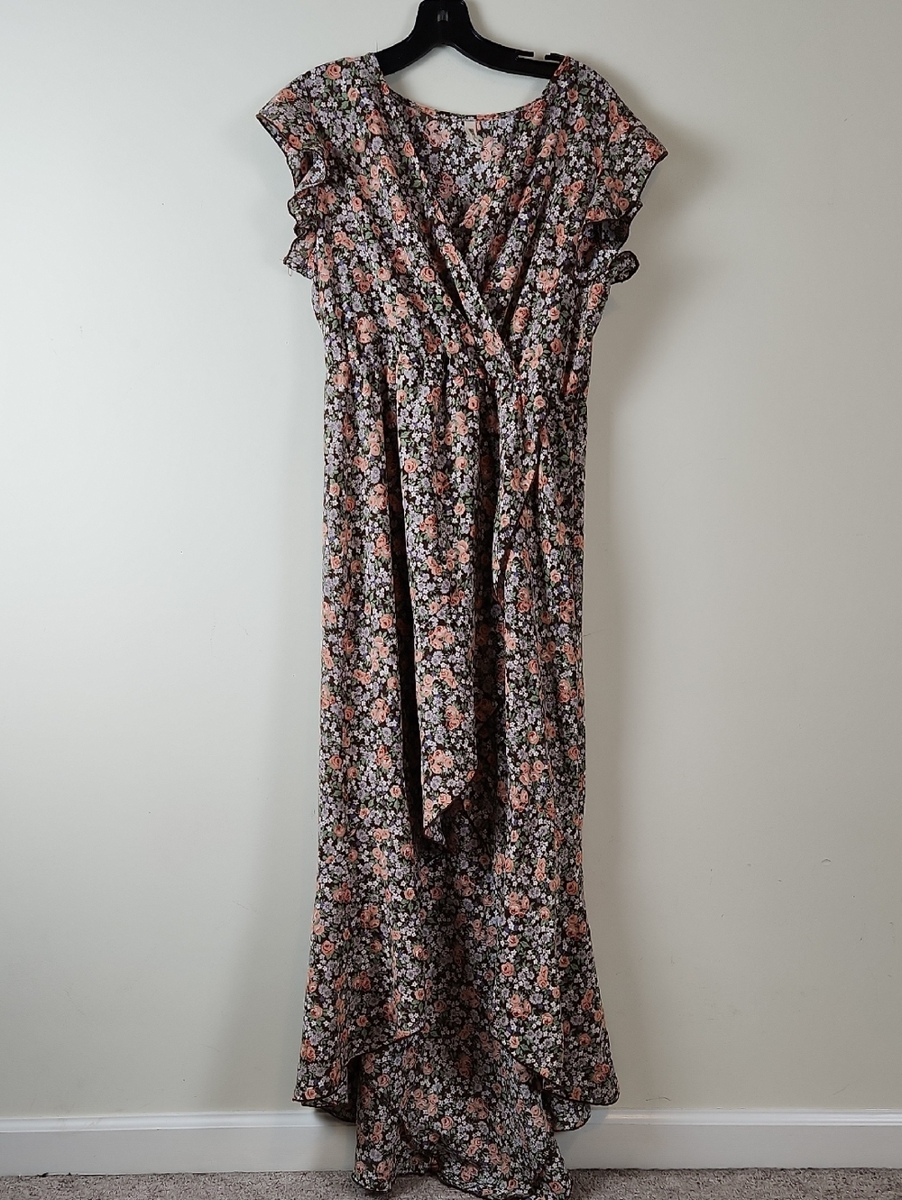Ditsy Floral Maxi Wrap Look Dress in Brown and Peachy Pink Large